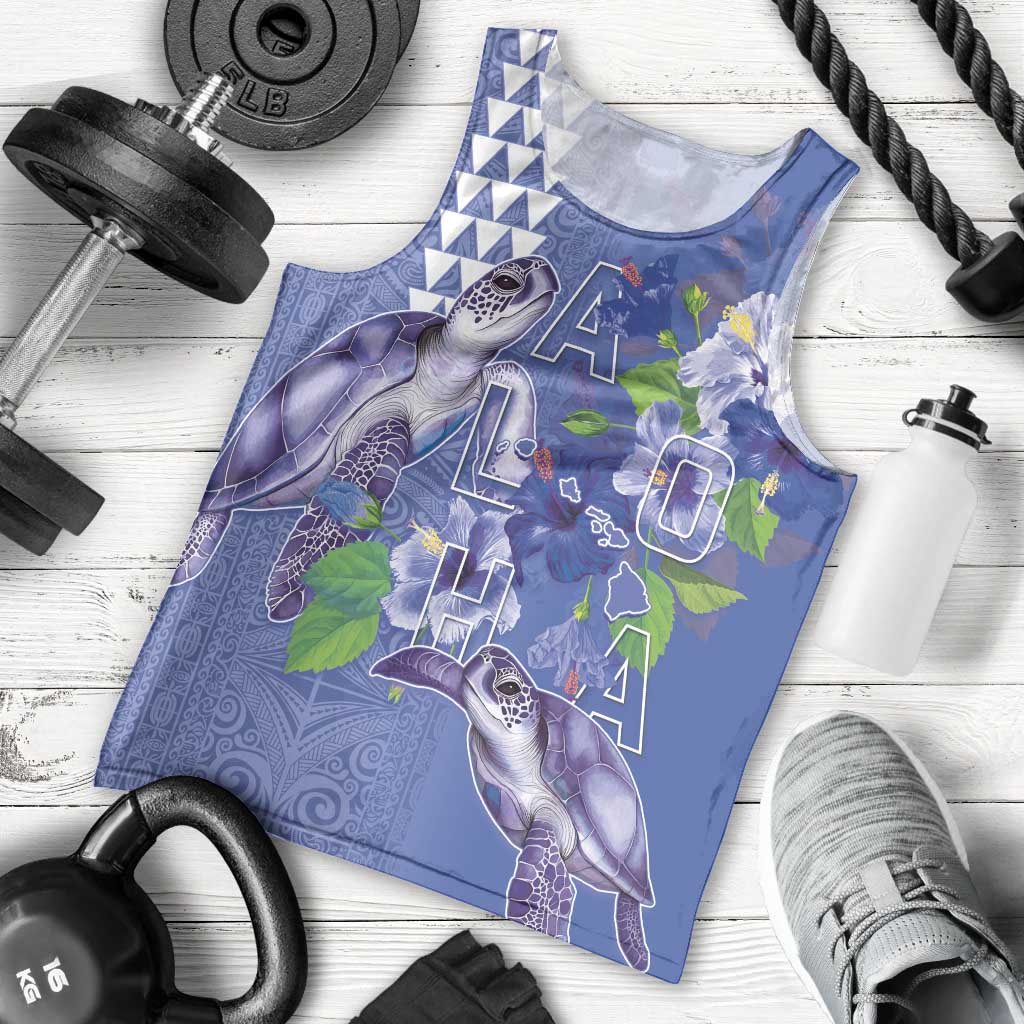 Hawaii Aloha Turtle Hibiscus and Leaves Men Tank Top with Polynesian and Kakau Tattoos Denim Color LT03 - Polynesian Pride