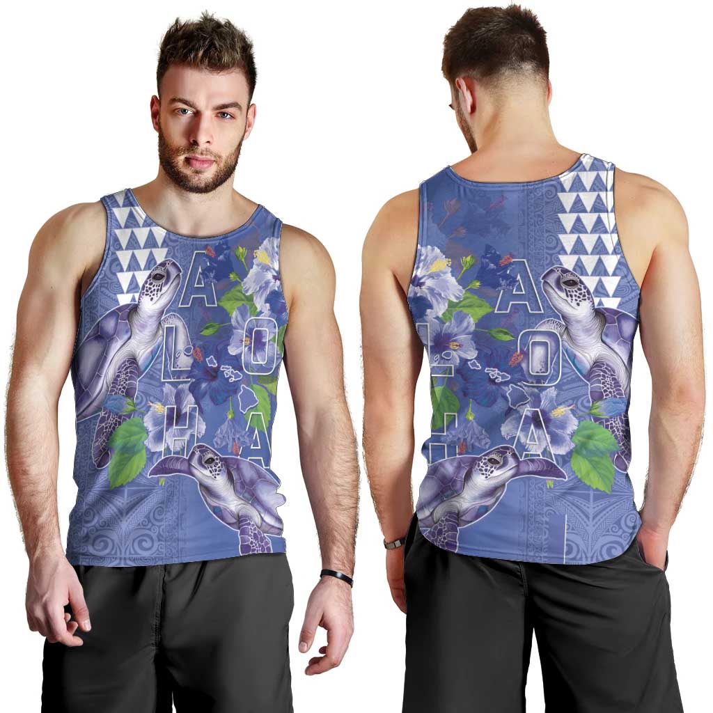 Hawaii Aloha Turtle Hibiscus and Leaves Men Tank Top with Polynesian and Kakau Tattoos Denim Color LT03 - Polynesian Pride