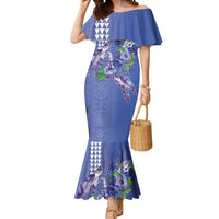 Hawaii Aloha Turtle Hibiscus and Leaves Mermaid Dress with Polynesian and Kakau Tattoos Denim Color LT03 Women Blue - Polynesian Pride