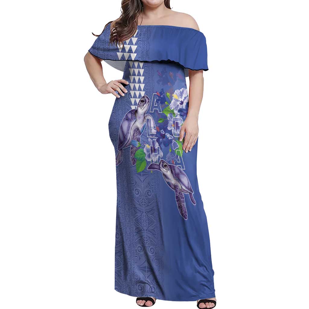 Hawaii Aloha Turtle Hibiscus and Leaves Off Shoulder Maxi Dress with Polynesian and Kakau Tattoos Denim Color LT03 Women Blue - Polynesian Pride