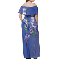 Hawaii Aloha Turtle Hibiscus and Leaves Off Shoulder Maxi Dress with Polynesian and Kakau Tattoos Denim Color LT03 - Polynesian Pride
