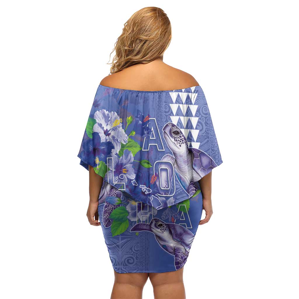 Hawaii Aloha Turtle Hibiscus and Leaves Off Shoulder Short Dress with Polynesian and Kakau Tattoos Denim Color LT03 - Polynesian Pride