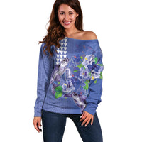 Hawaii Aloha Turtle Hibiscus and Leaves Off Shoulder Sweater with Polynesian and Kakau Tattoos Denim Color LT03 Women Blue - Polynesian Pride