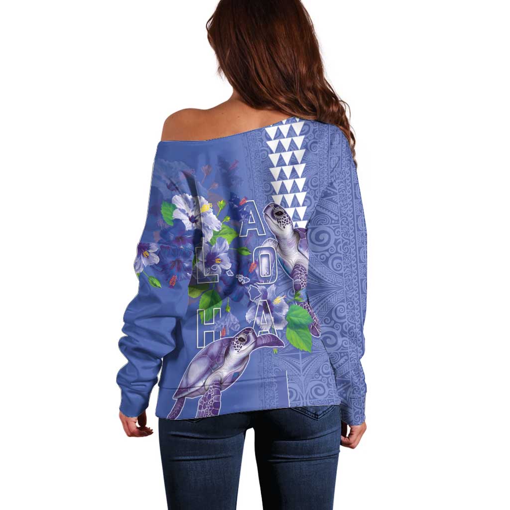 Hawaii Aloha Turtle Hibiscus and Leaves Off Shoulder Sweater with Polynesian and Kakau Tattoos Denim Color LT03 - Polynesian Pride