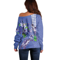 Hawaii Aloha Turtle Hibiscus and Leaves Off Shoulder Sweater with Polynesian and Kakau Tattoos Denim Color LT03 - Polynesian Pride