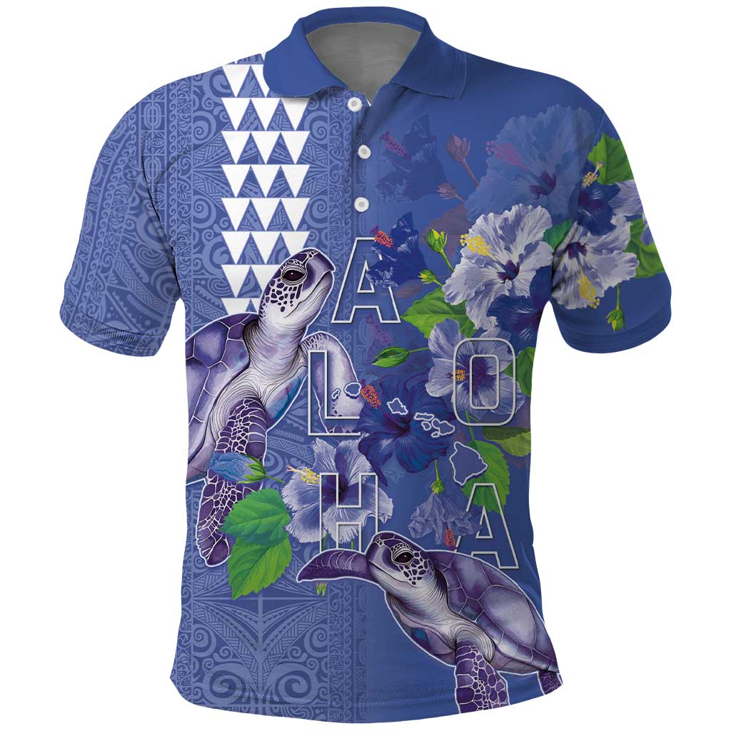 Hawaii Aloha Turtle Hibiscus and Leaves Polo Shirt with Polynesian and Kakau Tattoos Denim Color LT03 Blue - Polynesian Pride