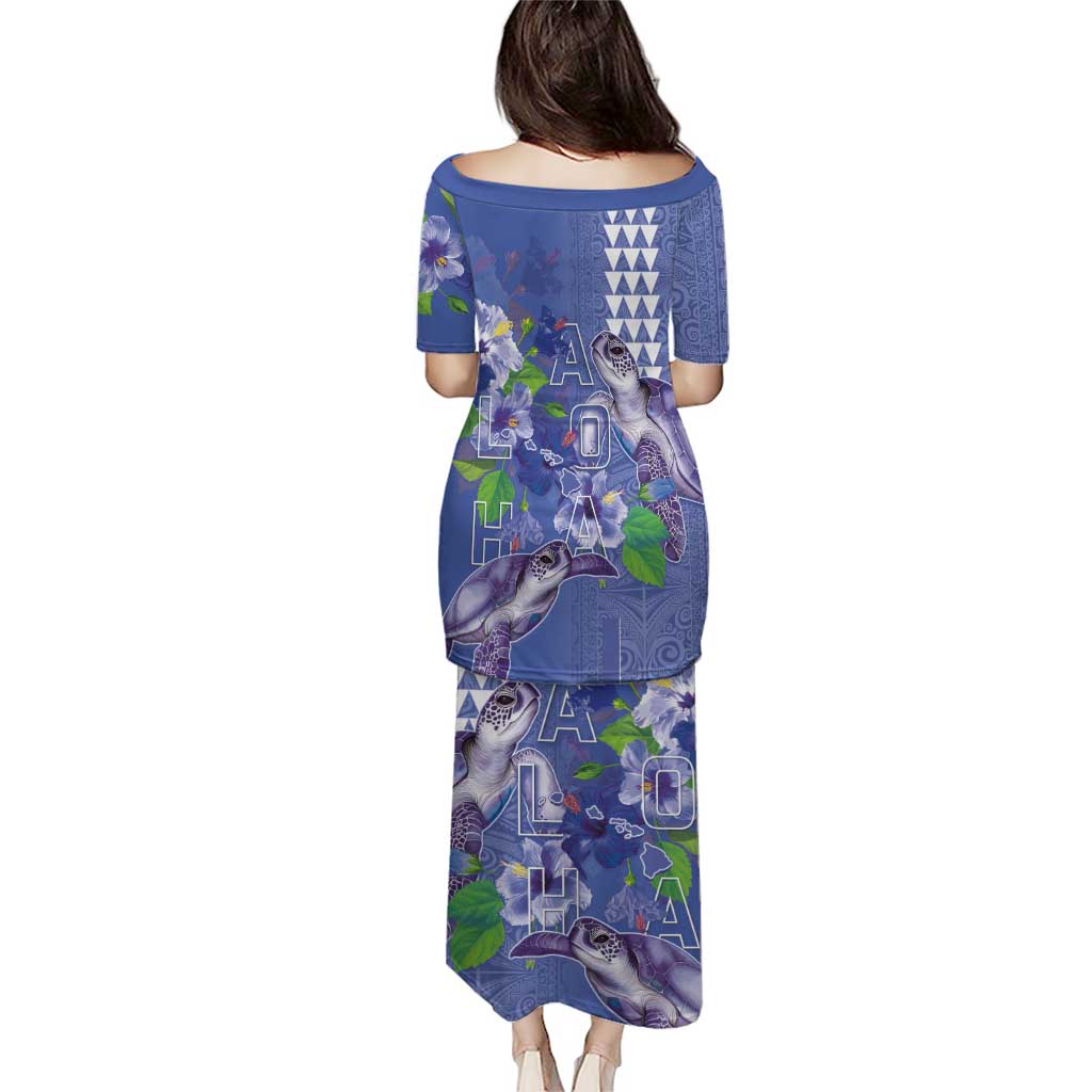 Hawaii Aloha Turtle Hibiscus and Leaves Puletasi with Polynesian and Kakau Tattoos Denim Color LT03 - Polynesian Pride
