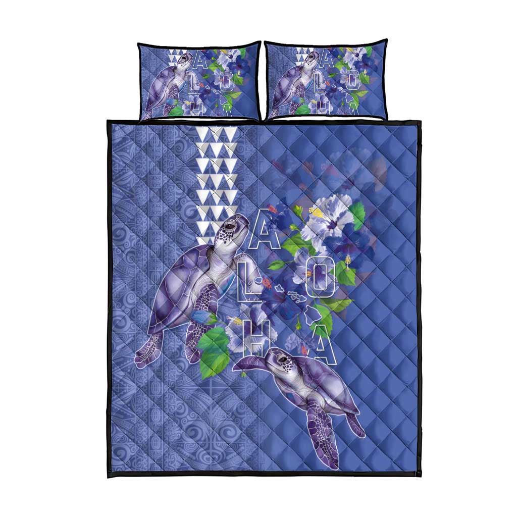 Hawaii Aloha Turtle Hibiscus and Leaves Quilt Bed Set with Polynesian and Kakau Tattoos Denim Color LT03 - Polynesian Pride