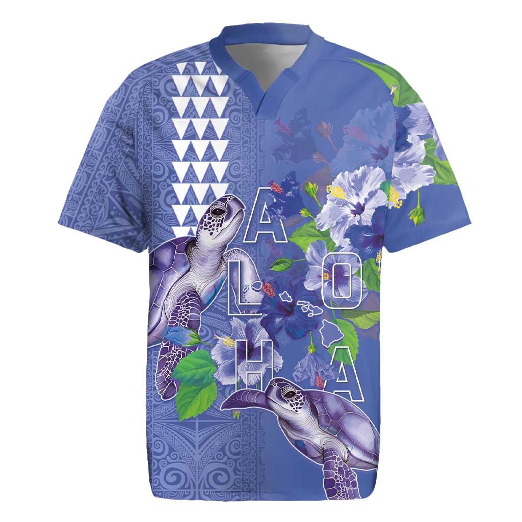 Hawaii Aloha Turtle Hibiscus and Leaves Rugby Jersey with Polynesian and Kakau Tattoos Denim Color LT03 Blue - Polynesian Pride