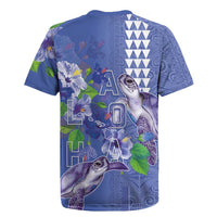 Hawaii Aloha Turtle Hibiscus and Leaves Rugby Jersey with Polynesian and Kakau Tattoos Denim Color LT03 - Polynesian Pride
