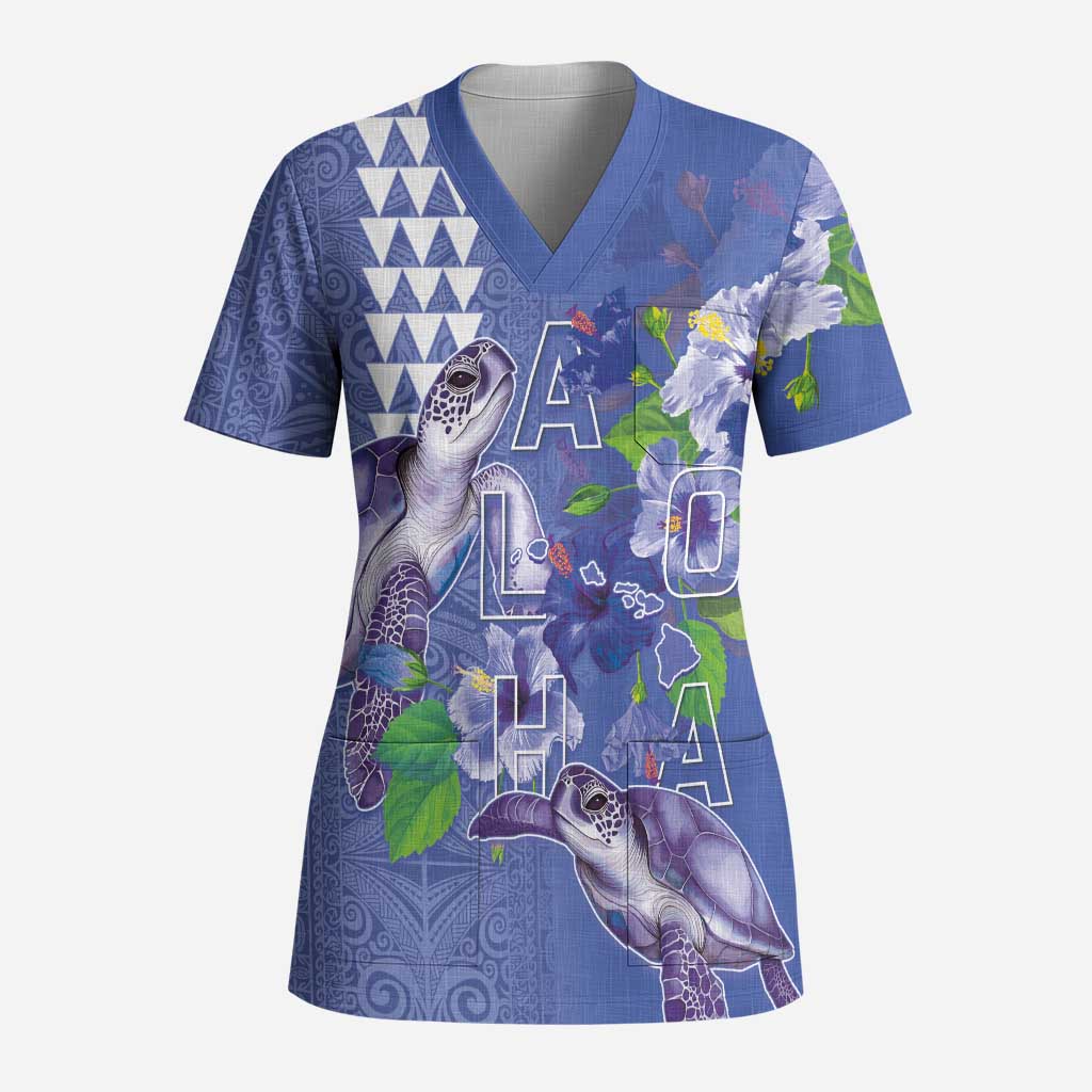 Hawaii Aloha Turtle Hibiscus and Leaves Scrub Top with Polynesian and Kakau Tattoos Denim Color - Polynesian Pride