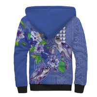 Hawaii Aloha Turtle Hibiscus and Leaves Sherpa Hoodie with Polynesian and Kakau Tattoos Denim Color LT03 - Polynesian Pride
