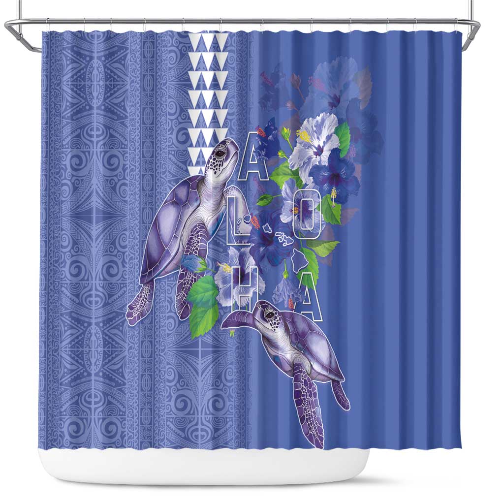 Hawaii Aloha Turtle Hibiscus and Leaves Shower Curtain with Polynesian and Kakau Tattoos Denim Color LT03 Blue - Polynesian Pride