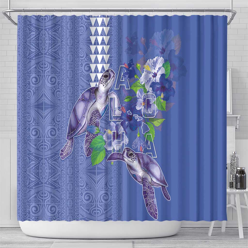 Hawaii Aloha Turtle Hibiscus and Leaves Shower Curtain with Polynesian and Kakau Tattoos Denim Color LT03 - Polynesian Pride