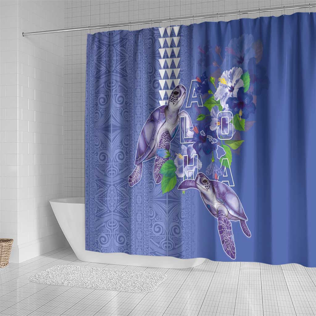 Hawaii Aloha Turtle Hibiscus and Leaves Shower Curtain with Polynesian and Kakau Tattoos Denim Color LT03 - Polynesian Pride