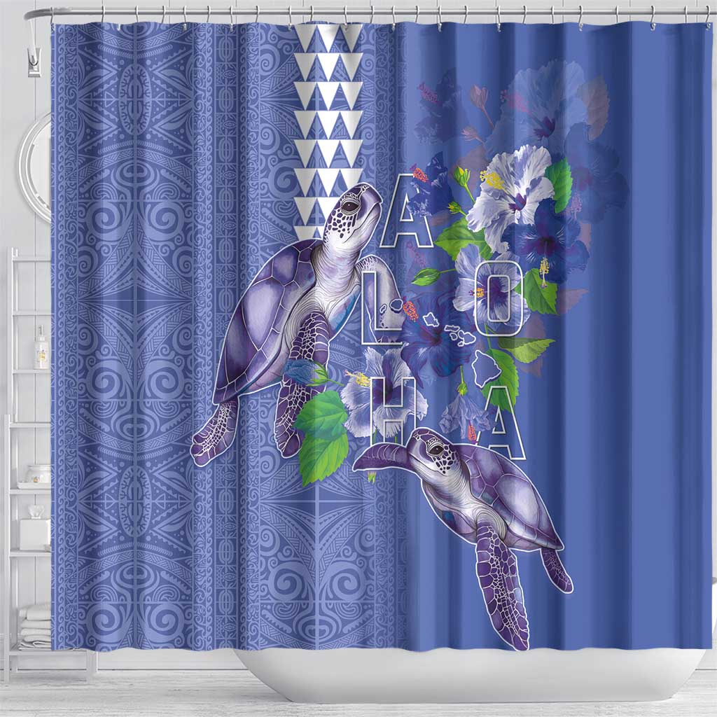 Hawaii Aloha Turtle Hibiscus and Leaves Shower Curtain with Polynesian and Kakau Tattoos Denim Color LT03 - Polynesian Pride