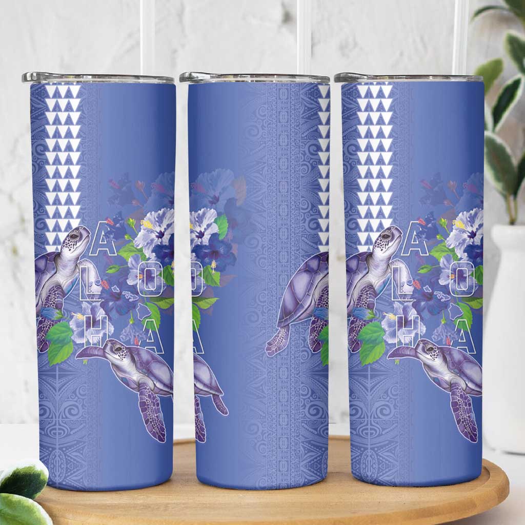 Hawaii Aloha Turtle Hibiscus and Leaves Skinny Tumbler with Polynesian and Kakau Tattoos Denim Color LT03 - Polynesian Pride