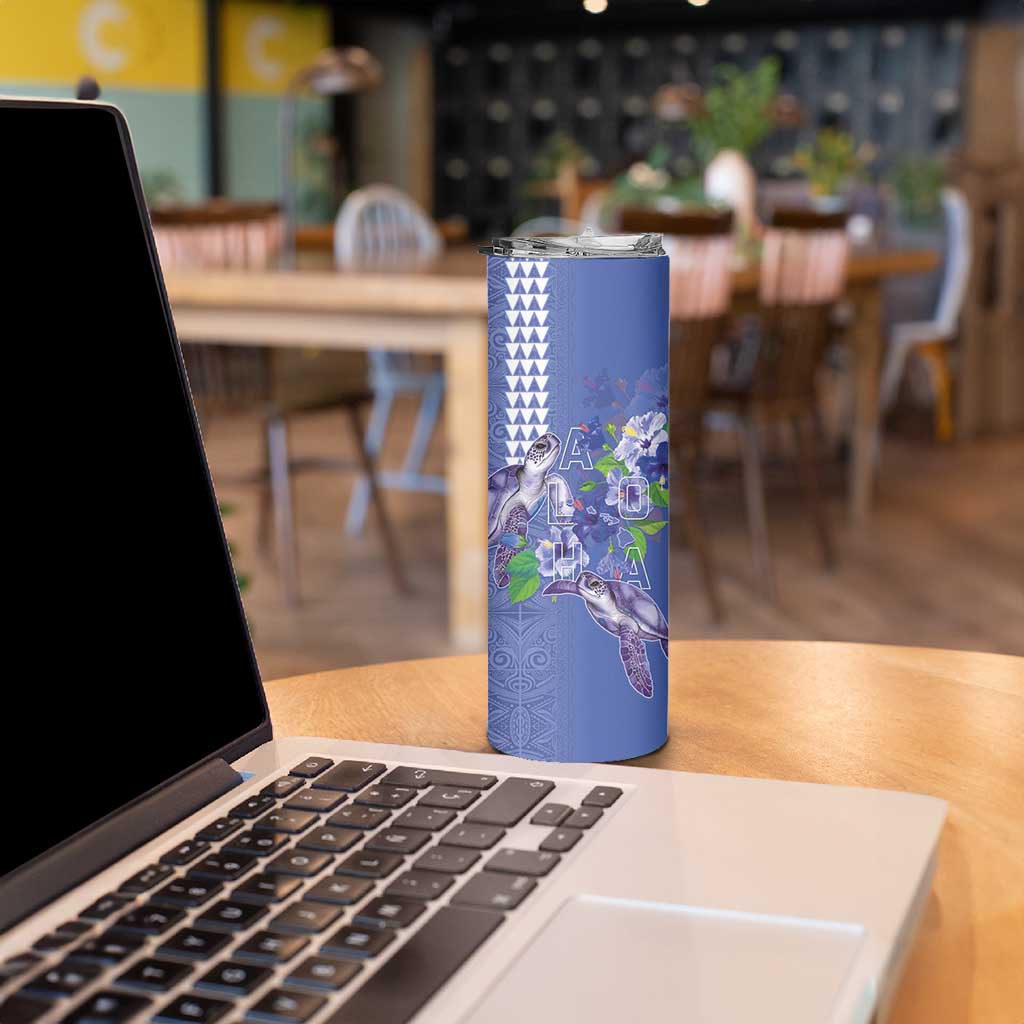 Hawaii Aloha Turtle Hibiscus and Leaves Skinny Tumbler with Polynesian and Kakau Tattoos Denim Color LT03 - Polynesian Pride