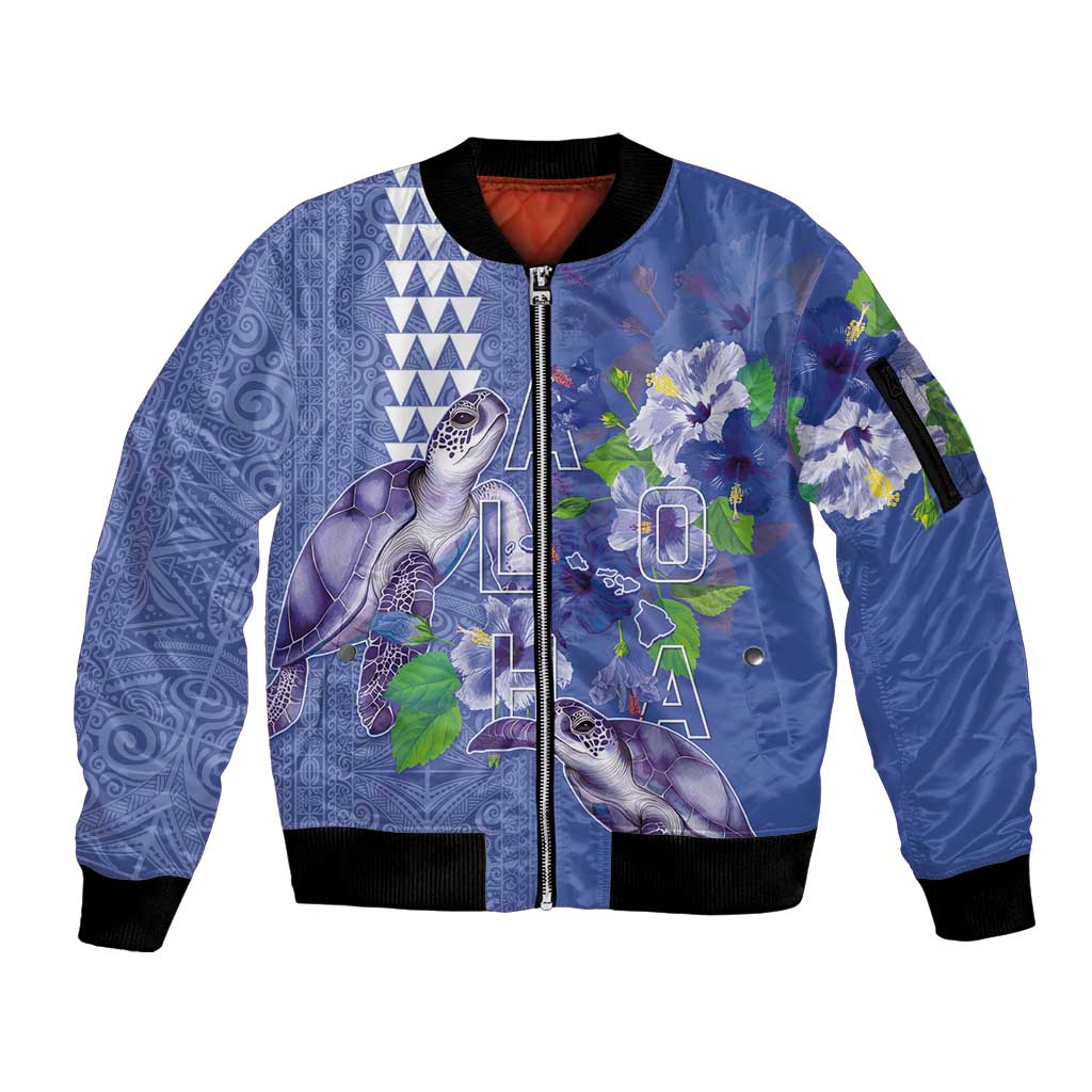 Hawaii Aloha Turtle Hibiscus and Leaves Sleeve Zip Bomber Jacket with Polynesian and Kakau Tattoos Denim Color LT03 Unisex Blue - Polynesian Pride