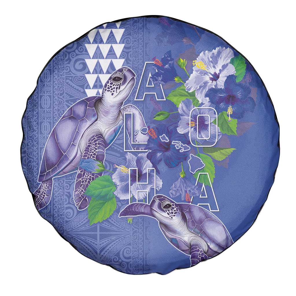 Hawaii Aloha Turtle Hibiscus and Leaves Spare Tire Cover with Polynesian and Kakau Tattoos Denim Color LT03 - Polynesian Pride