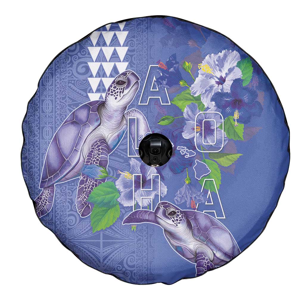 Hawaii Aloha Turtle Hibiscus and Leaves Spare Tire Cover with Polynesian and Kakau Tattoos Denim Color LT03 - Polynesian Pride