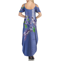 Hawaii Aloha Turtle Hibiscus and Leaves Summer Maxi Dress with Polynesian and Kakau Tattoos Denim Color LT03 - Polynesian Pride