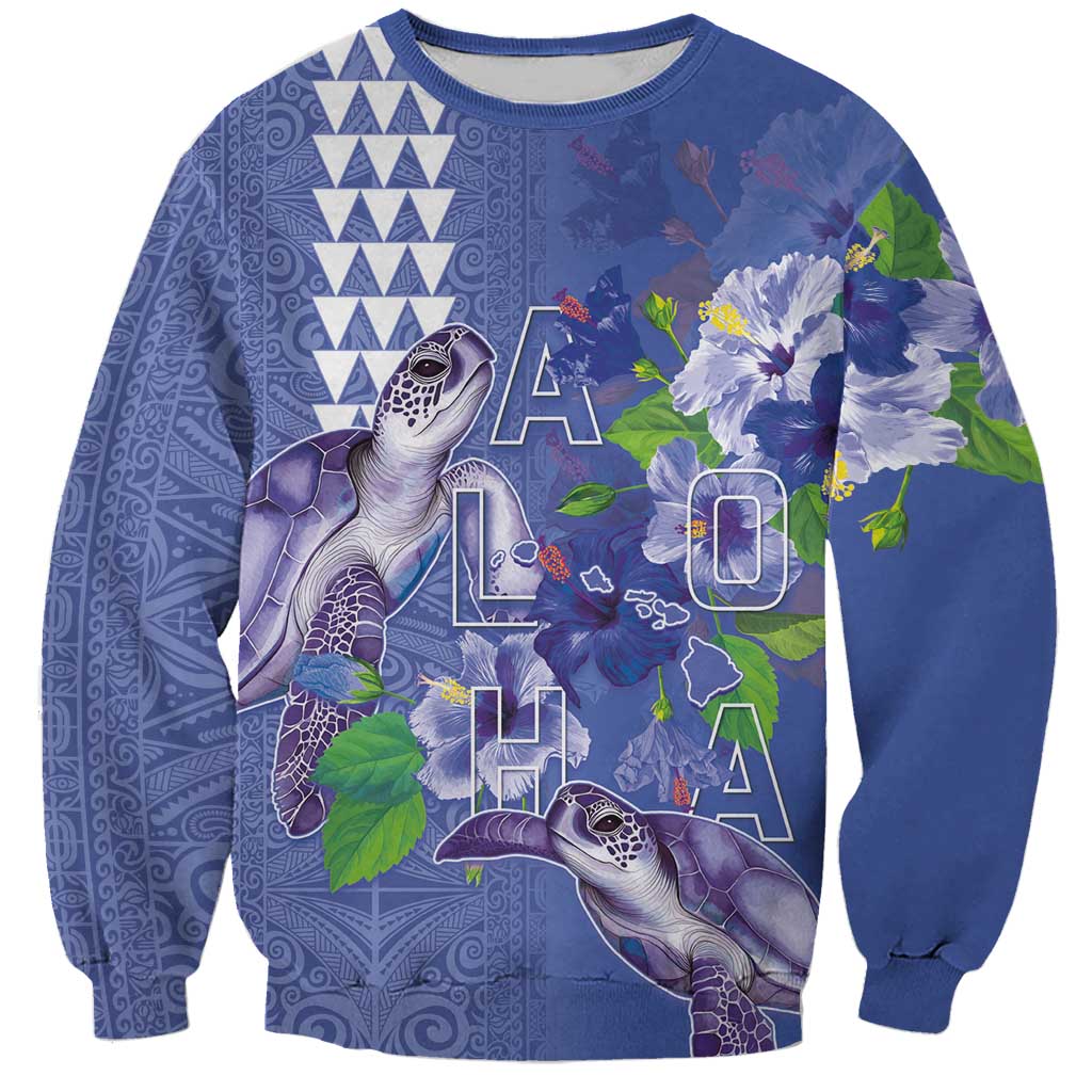 Hawaii Aloha Turtle Hibiscus and Leaves Sweatshirt with Polynesian and Kakau Tattoos Denim Color LT03 Unisex Blue - Polynesian Pride