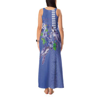 Hawaii Aloha Turtle Hibiscus and Leaves Tank Maxi Dress with Polynesian and Kakau Tattoos Denim Color LT03 - Polynesian Pride