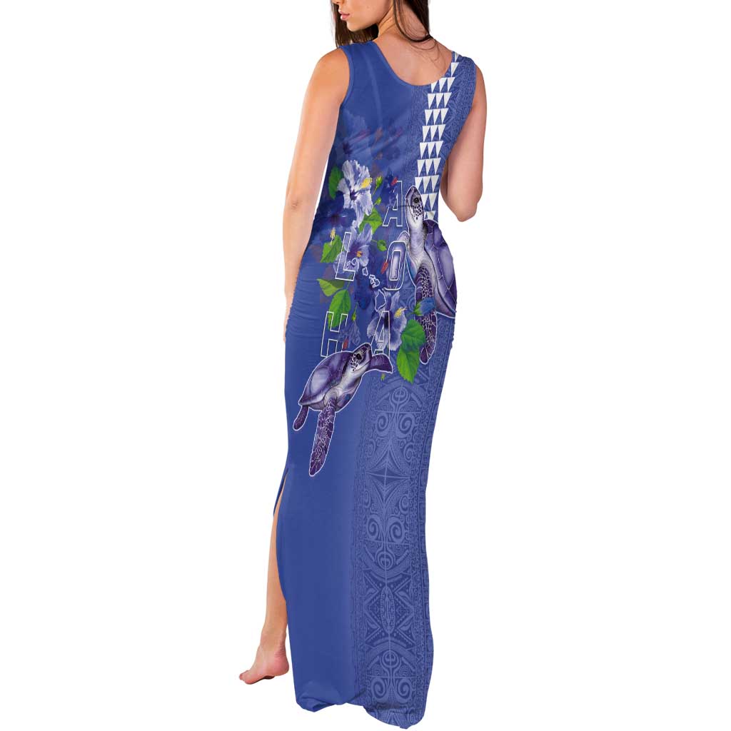 Hawaii Aloha Turtle Hibiscus and Leaves Tank Maxi Dress with Polynesian and Kakau Tattoos Denim Color LT03 - Polynesian Pride