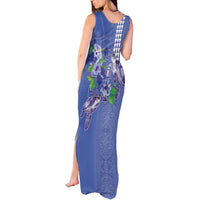 Hawaii Aloha Turtle Hibiscus and Leaves Tank Maxi Dress with Polynesian and Kakau Tattoos Denim Color LT03 - Polynesian Pride