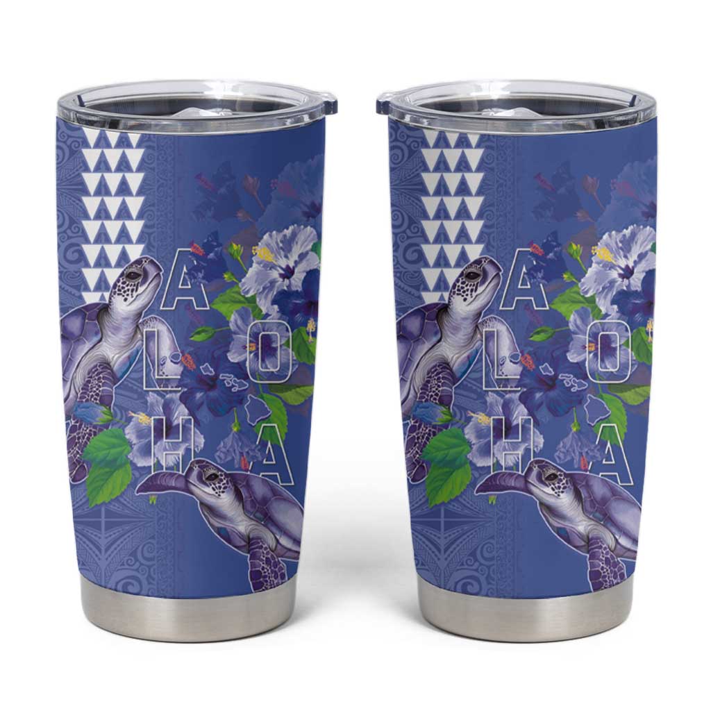 Hawaii Aloha Turtle Hibiscus and Leaves Tumbler Cup with Polynesian and Kakau Tattoos Denim Color LT03 Blue - Polynesian Pride