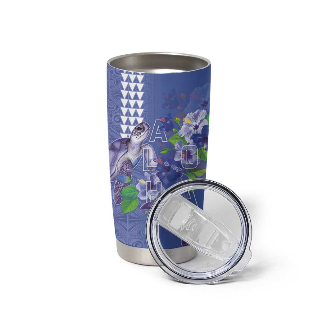 Hawaii Aloha Turtle Hibiscus and Leaves Tumbler Cup with Polynesian and Kakau Tattoos Denim Color LT03 - Polynesian Pride