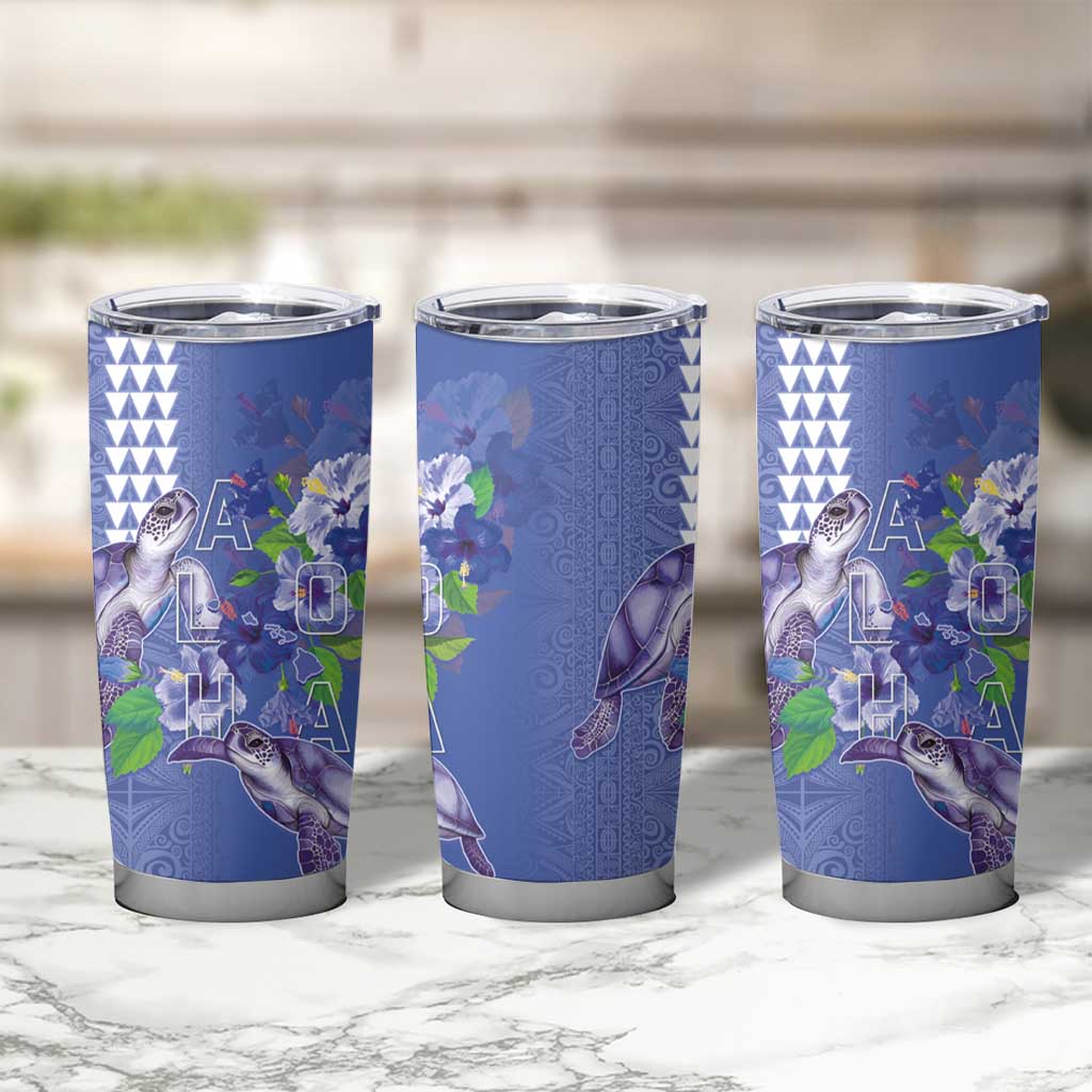 Hawaii Aloha Turtle Hibiscus and Leaves Tumbler Cup with Polynesian and Kakau Tattoos Denim Color LT03 - Polynesian Pride