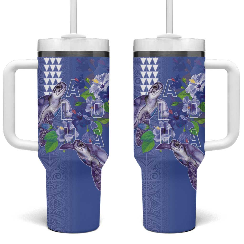 Hawaii Aloha Turtle Hibiscus and Leaves Tumbler With Handle with Polynesian and Kakau Tattoos Denim Color LT03 One Size: 40 oz Blue - Polynesian Pride