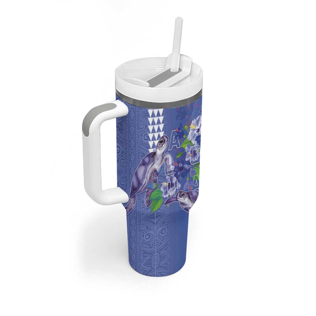 Hawaii Aloha Turtle Hibiscus and Leaves Tumbler With Handle with Polynesian and Kakau Tattoos Denim Color LT03 - Polynesian Pride