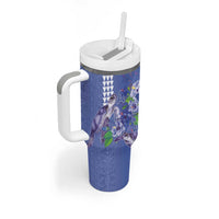Hawaii Aloha Turtle Hibiscus and Leaves Tumbler With Handle with Polynesian and Kakau Tattoos Denim Color LT03 - Polynesian Pride