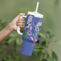 Hawaii Aloha Turtle Hibiscus and Leaves Tumbler With Handle with Polynesian and Kakau Tattoos Denim Color LT03 - Polynesian Pride