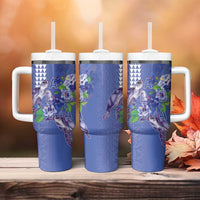 Hawaii Aloha Turtle Hibiscus and Leaves Tumbler With Handle with Polynesian and Kakau Tattoos Denim Color LT03 - Polynesian Pride