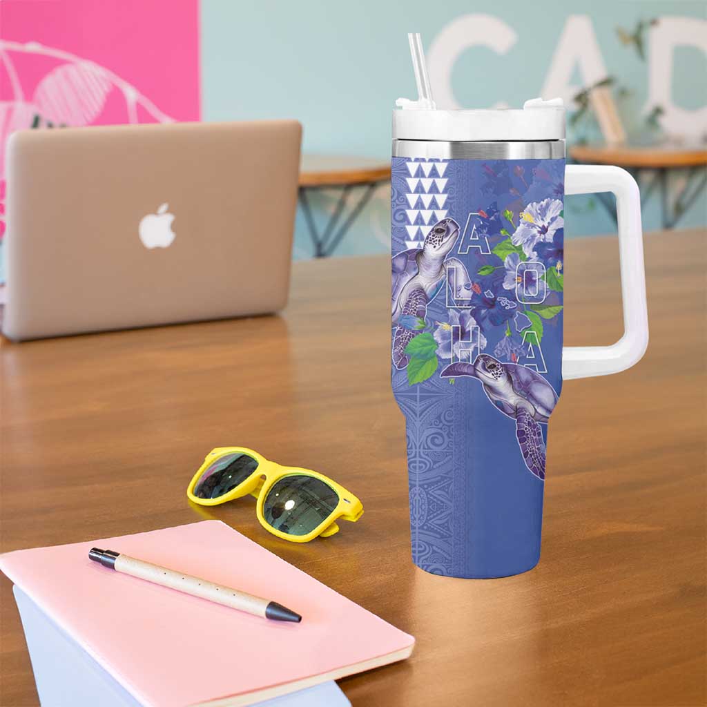 Hawaii Aloha Turtle Hibiscus and Leaves Tumbler With Handle with Polynesian and Kakau Tattoos Denim Color LT03 - Polynesian Pride