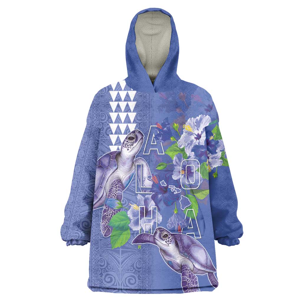 Hawaii Aloha Turtle Hibiscus and Leaves Wearable Blanket Hoodie with Polynesian and Kakau Tattoos Denim Color LT03 One Size Blue - Polynesian Pride