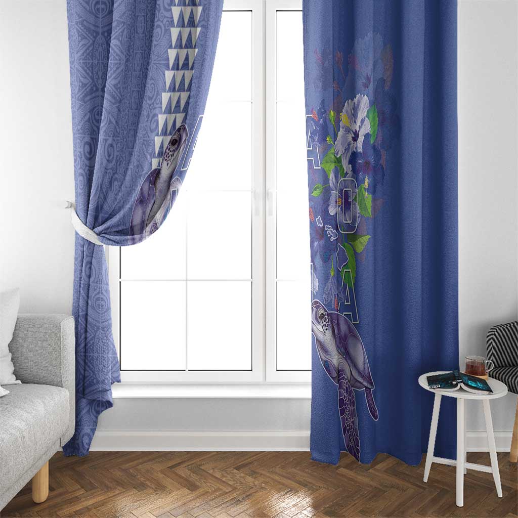 Hawaii Aloha Turtle Hibiscus and Leaves Window Curtain with Polynesian and Kakau Tattoos Denim Color - Polynesian Pride