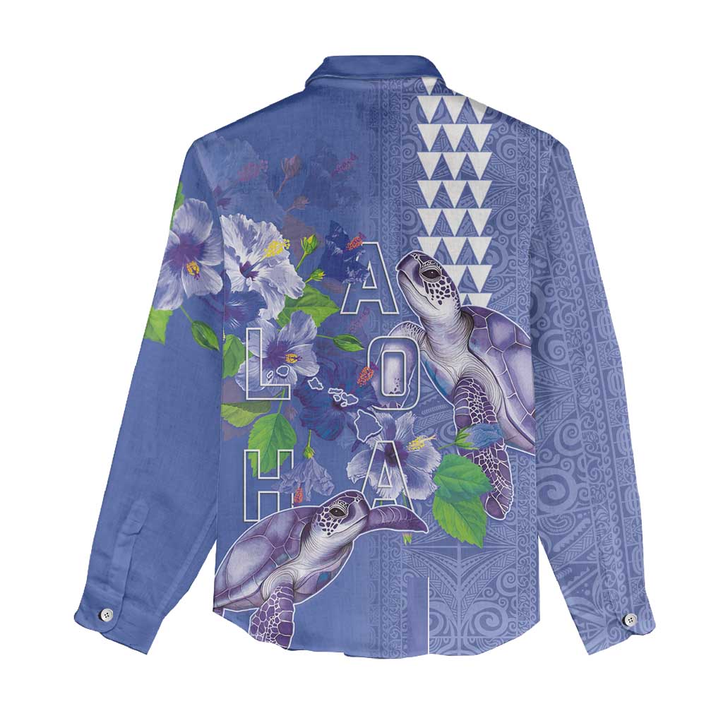 Hawaii Aloha Turtle Hibiscus and Leaves Women Casual Shirt with Polynesian and Kakau Tattoos Denim Color - Polynesian Pride