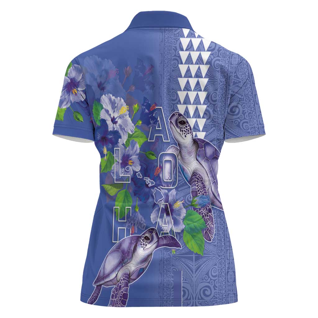 Hawaii Aloha Turtle Hibiscus and Leaves Women Polo Shirt with Polynesian and Kakau Tattoos Denim Color LT03 - Polynesian Pride