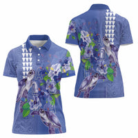 Hawaii Aloha Turtle Hibiscus and Leaves Women Polo Shirt with Polynesian and Kakau Tattoos Denim Color LT03 - Polynesian Pride