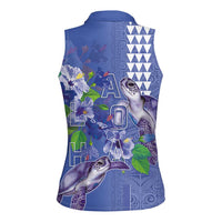 Hawaii Aloha Turtle Hibiscus and Leaves Women Sleeveless Polo Shirt with Polynesian and Kakau Tattoos Denim Color LT03 - Polynesian Pride