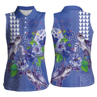 Hawaii Aloha Turtle Hibiscus and Leaves Women Sleeveless Polo Shirt with Polynesian and Kakau Tattoos Denim Color LT03 - Polynesian Pride