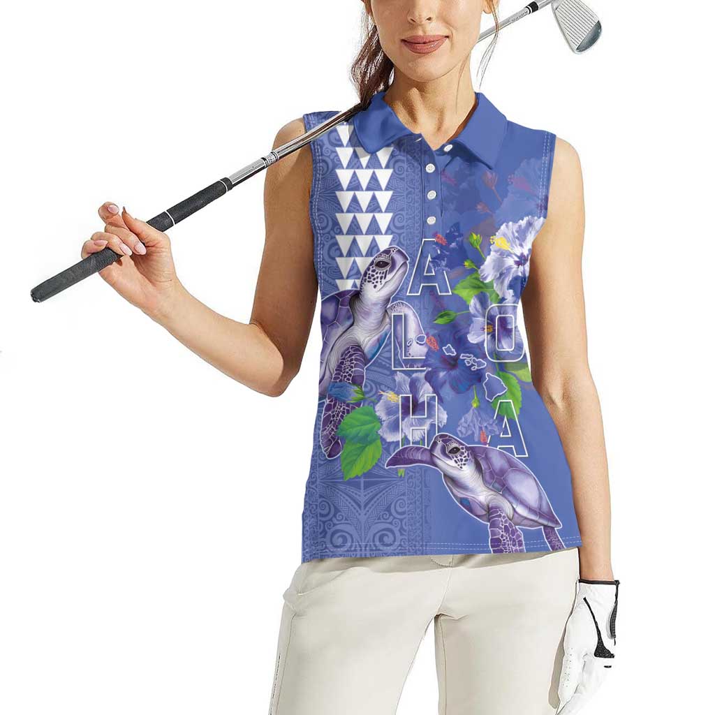 Hawaii Aloha Turtle Hibiscus and Leaves Women Sleeveless Polo Shirt with Polynesian and Kakau Tattoos Denim Color LT03 - Polynesian Pride