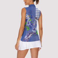 Hawaii Aloha Turtle Hibiscus and Leaves Women Sleeveless Polo Shirt with Polynesian and Kakau Tattoos Denim Color LT03 - Polynesian Pride