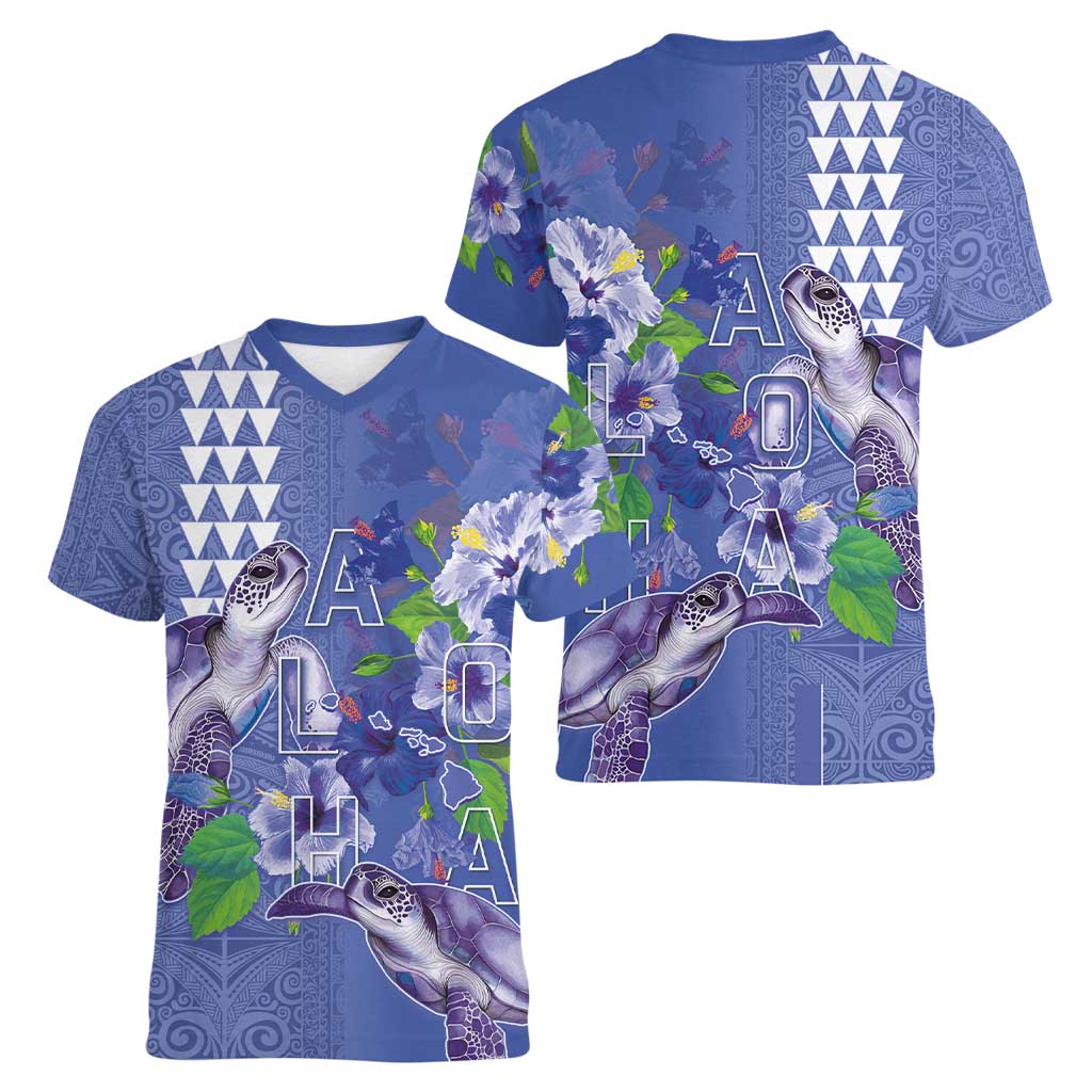 Hawaii Aloha Turtle Hibiscus and Leaves Women V-Neck T-Shirt with Polynesian and Kakau Tattoos Denim Color LT03 - Polynesian Pride