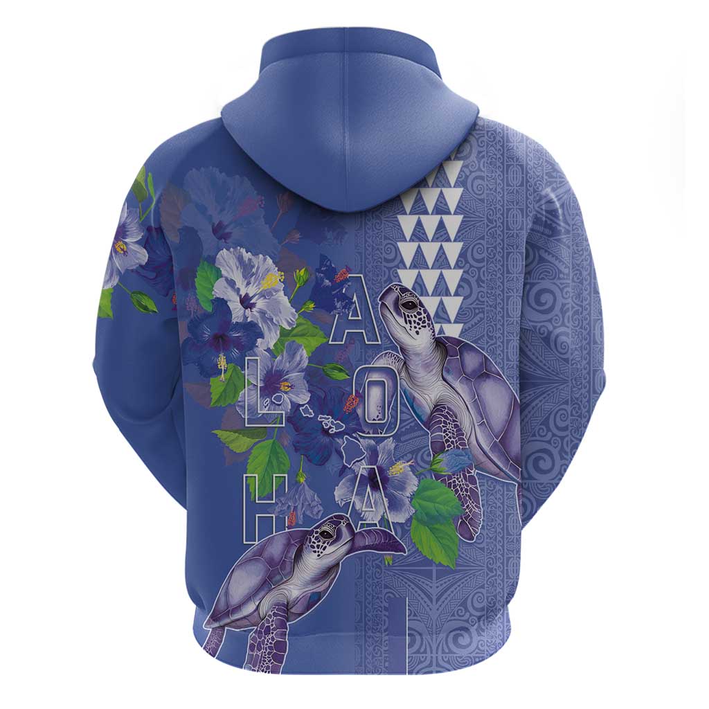 Hawaii Aloha Turtle Hibiscus and Leaves Zip Hoodie with Polynesian and Kakau Tattoos Denim Color LT03 - Polynesian Pride